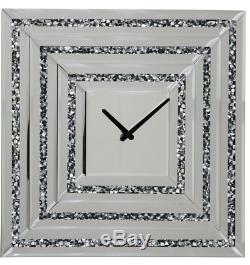 Large Mirrored Glass Silver Crushed Diamond Crystal Wall Clock 50cm x 50cm