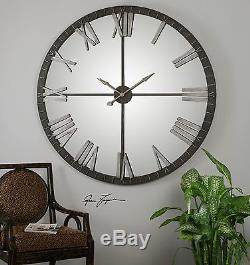 Large New 60 Rustic Bronze Metal Round Wall Clock Roman Numbers Mirror Face