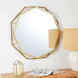 Large Octagonal Round Wall Mirror Gold Metal 3-Dimensional Frame Glam Accent