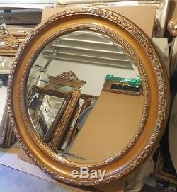 Large Ornate Gold Solid Wood 46 Round Beveled Framed Wall Mirror
