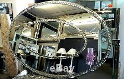 Large Oval Diamond Crystal Diamante Glass Silver Bevelled Wall Mirror 120x80cm