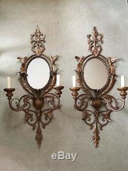 Large Pair Of Vintage Gilt Toleware Mirrored Wall Sconces, Lights 92x40 Cm