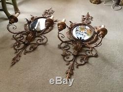 Large Pair Of Vintage Gilt Toleware Mirrored Wall Sconces, Lights 92x40 Cm