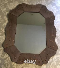 Large Pink Wall Mirror Beveled Etched Glass Rectangular Made In France Vintage