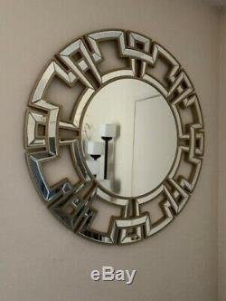 Large Round Gold Wall Mirror Geometric Greek Key Design Glam Mod Chic, 35.5 Dia