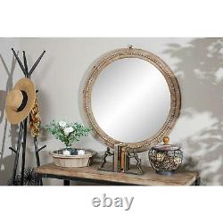 Large Round Rustic Boho Wall Mirror withBeaded Detail Whitewashed Brown Wood Frame