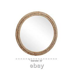 Large Round Rustic Boho Wall Mirror withBeaded Detail Whitewashed Brown Wood Frame