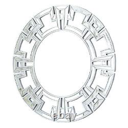 Large Round Silver Wall Mirror Geometric Greek Key Design Glam Mod Chic, 35.5