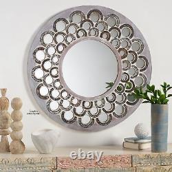 Large Round Wall Mirror Distressed Wood Frame withStained Glass Circles Glam Decor