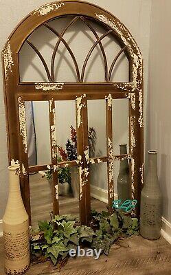 Large Rustic Country Farmhouse Arched Windowpane Wood Iron Wall Mirror Decor NEW