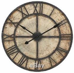Large Rustic Nautical Map Wall Clock Black Iron & Wood Parchment-Color Face 31