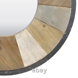 Large Rustic Round Wall Accent Mirror Wood Plank Design Coastal Farmhouse Decor