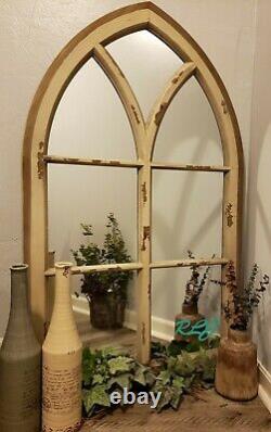 Large Rustic Vintage Cathedral Arch Windowpane Wood Accent Wall Mirror Art Decor