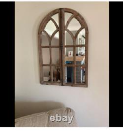 Large Rustic Vintage Cathedral Arch Windowpane Wood Accent Wall Mirror Art Decor