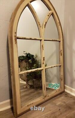 Large Rustic Vintage Cathedral Arch Windowpane Wood Accent Wall Mirror Decor