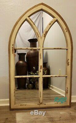 Large Rustic Vintage Cathedral Arch Windowpane Wood Accent Wall Mirror Decor NEW