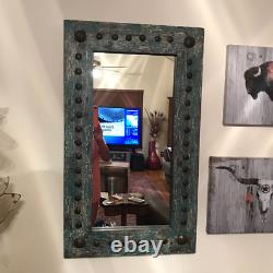 Large Rustic Wall Mirror Distressed Turquoise Wood Frame Studded Nailhead Trim
