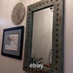 Large Rustic Wall Mirror Distressed Turquoise Wood Frame Studded Nailhead Trim