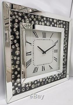 Large Silver Mirrored Black Inlay Floating Crystal Effect Bling Wall Clock