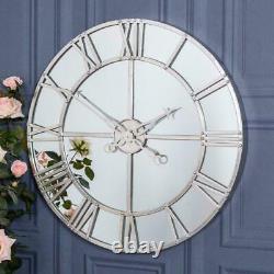 Large Silver Mirrored Clock Wall Mounted Metal Glass Hallway Kitchen Chic Home