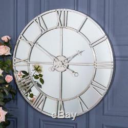 Large Silver Mirrored Wall Mounted Clock Metal Glass Hallway Kitchen Chic Home