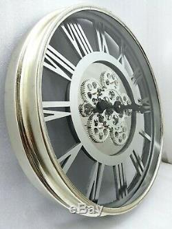 Large Skeleton Wall Clock Antique Shabby Chic Round Light Gold Silver Mirror