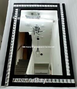 Large Sparkly Black Wall Mirror Silver Crystal Border 120X80cm Decorative