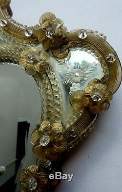 Large Venetian Art Glass Beveled Mirror Vanity Table Wall, amber Flowers