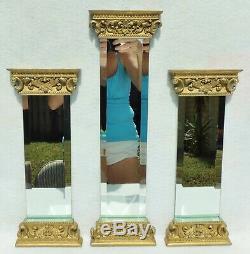 Large Vintage 20 3pc Set Ornate Gold Gilt Beveled Column Hanging Wall Mirrors