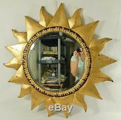 Large Vintage 30 Ornate Gold SUNBURST Carved Wood Beveled Hanging Wall Mirror