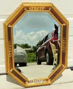 Large Vintage 34 Ornate Red & Gold Gilt Octagon Beveled Hanging Wall Mirror