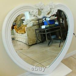 Large Vintage 38 White Heart Shaped Roses & Bows Beveled Hanging Wall Mirror