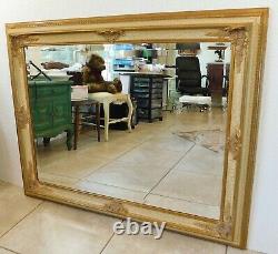 Large Vintage 49 Ornate Gold & Ivory Wood & Gesso Beveled Hanging Wall Mirror