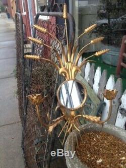 Large Vintage Gold Gilt Metal Tole Wall Sconce Candle Holders Mirror Italian