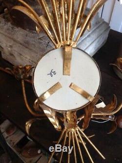 Large Vintage Gold Gilt Metal Tole Wall Sconce Candle Holders Mirror Italian