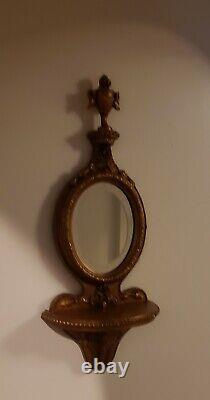 Large Vintage Hand Carved Wood Boho Rustic Wooden Wall Mirror with Shelf