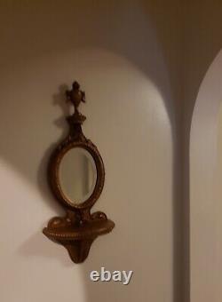 Large Vintage Hand Carved Wood Boho Rustic Wooden Wall Mirror with Shelf