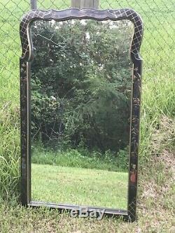 Large Vintage Oriental Chinese Asian Wood Frame Hand Painted Wall Mirror Black