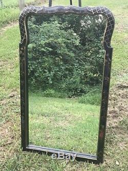 Large Vintage Oriental Chinese Asian Wood Frame Hand Painted Wall Mirror Black