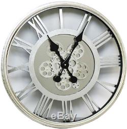 Large Wall Clock Roman Numeral Rotating Gear Cogs Silver Metal Mirror Round 55cm