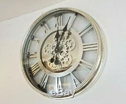 Large Wall Clock Roman Numeral Rotating Gear Cogs Silver Metal Mirror Round 55cm
