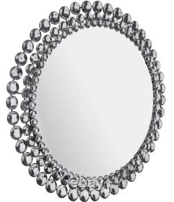Large Wall Mirror Round Bathroom Vanity Art Deco Silver Jewel Beads Beveled New