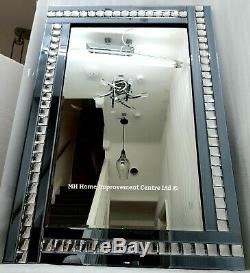 Large Wall Mirror Smoked Silver Grey Blue Sparkly Crystal Border 80X120cm