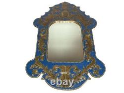 Large Wall Mirror With Metal Applique Decorations On Blue Leather 43W X 69H M2
