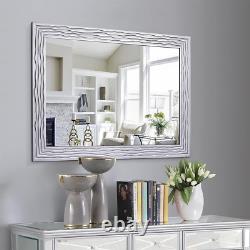 Large Wall Mirror for Living Room Decor with Wave Frame, 36X24 Wood Silver Mir