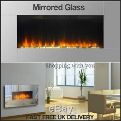 Large Wide Mirrored Chrome LED Wall Mounted Electric Fireplace Flame Effect NEW