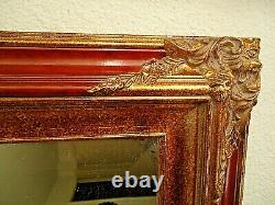 Large Wood Ornate Gold 46 x 57 Rectangle Beveled Framed Wall Mirror Burgundy