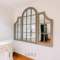 Large Wooden Triple WindowithWindowpane Frame Mirror/Stone Grey Painted