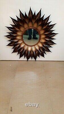 Metal Hammered Large Brown Gold Frame Sun Burst Wall Art Deco Handmade Mirror