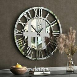 Mirrored WALL CLOCK LARGE 60cm Roman Numeral Silver Finish Modern Decorative